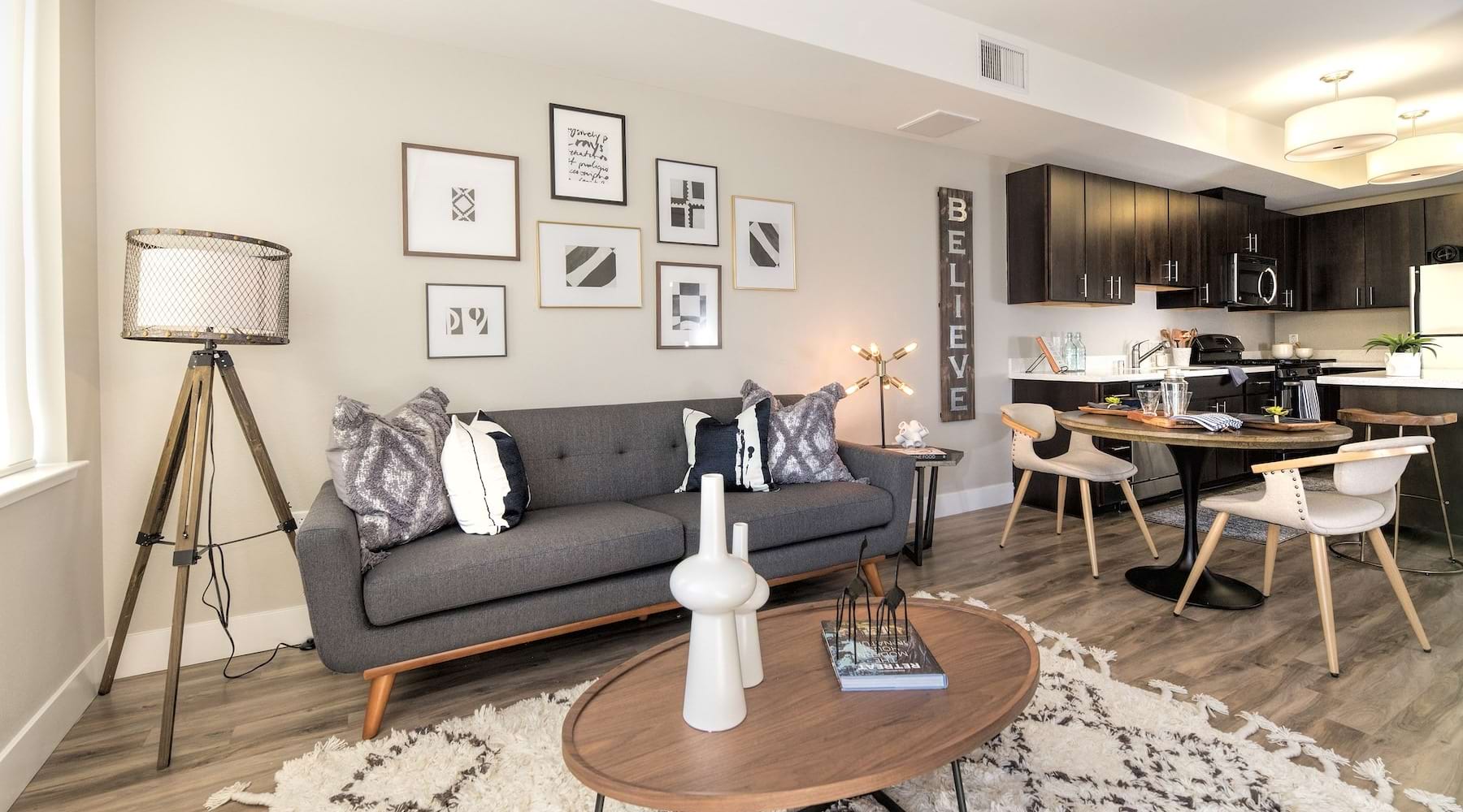 a living room with a couch and a coffee table