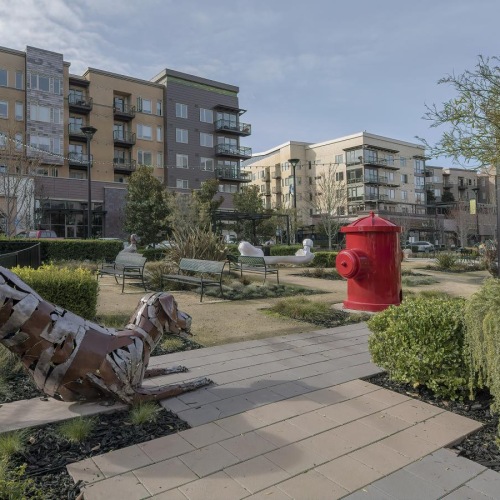 a dog park with large statues