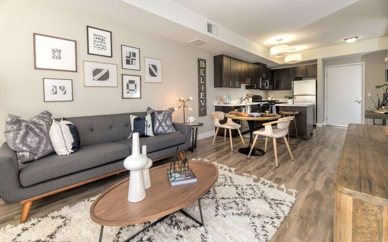 a living room with a couch and a table